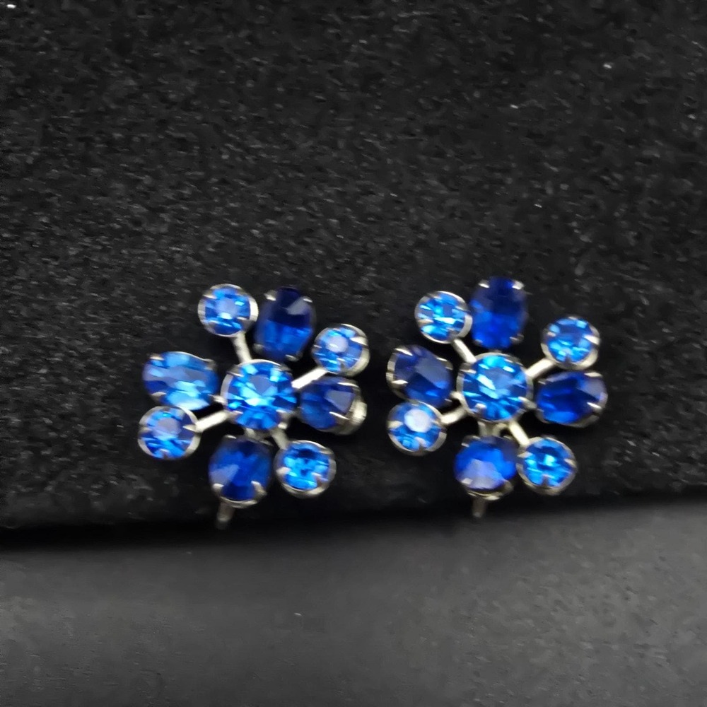 Blue Rhinestone Screw Back Earrings Starburst Flower